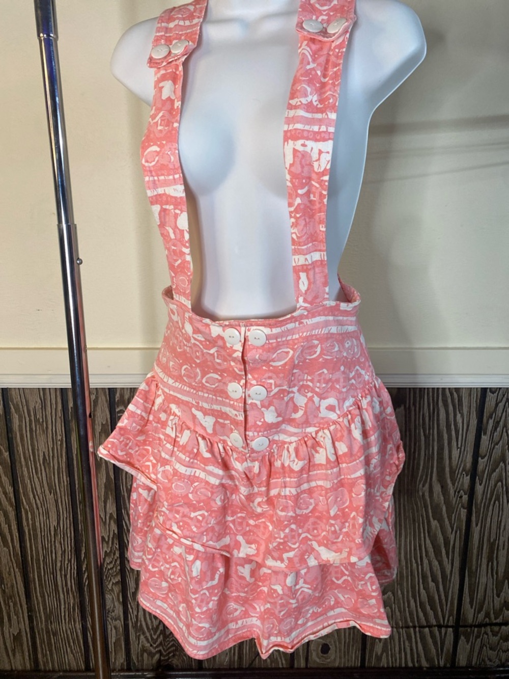 Vintage Cotton Pink Patterned Tiered Button Skirt with Suspenders